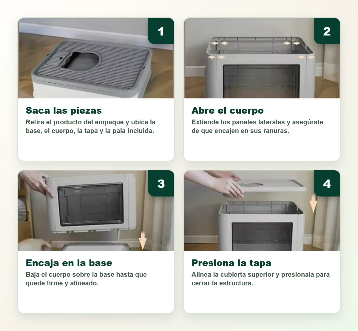 Infografía en español con cuatro pasos para armar FreshBox Antiolor