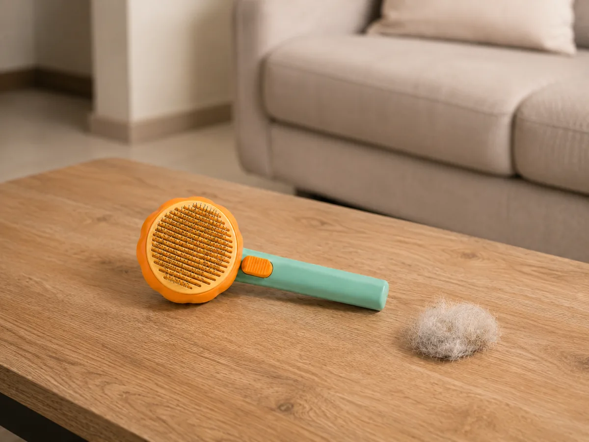 Cepillo removedor de pelo para gato sobre una mesa