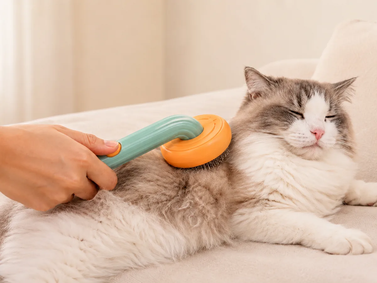 Cepillo removedor pasando suavemente sobre el pelaje de un gato