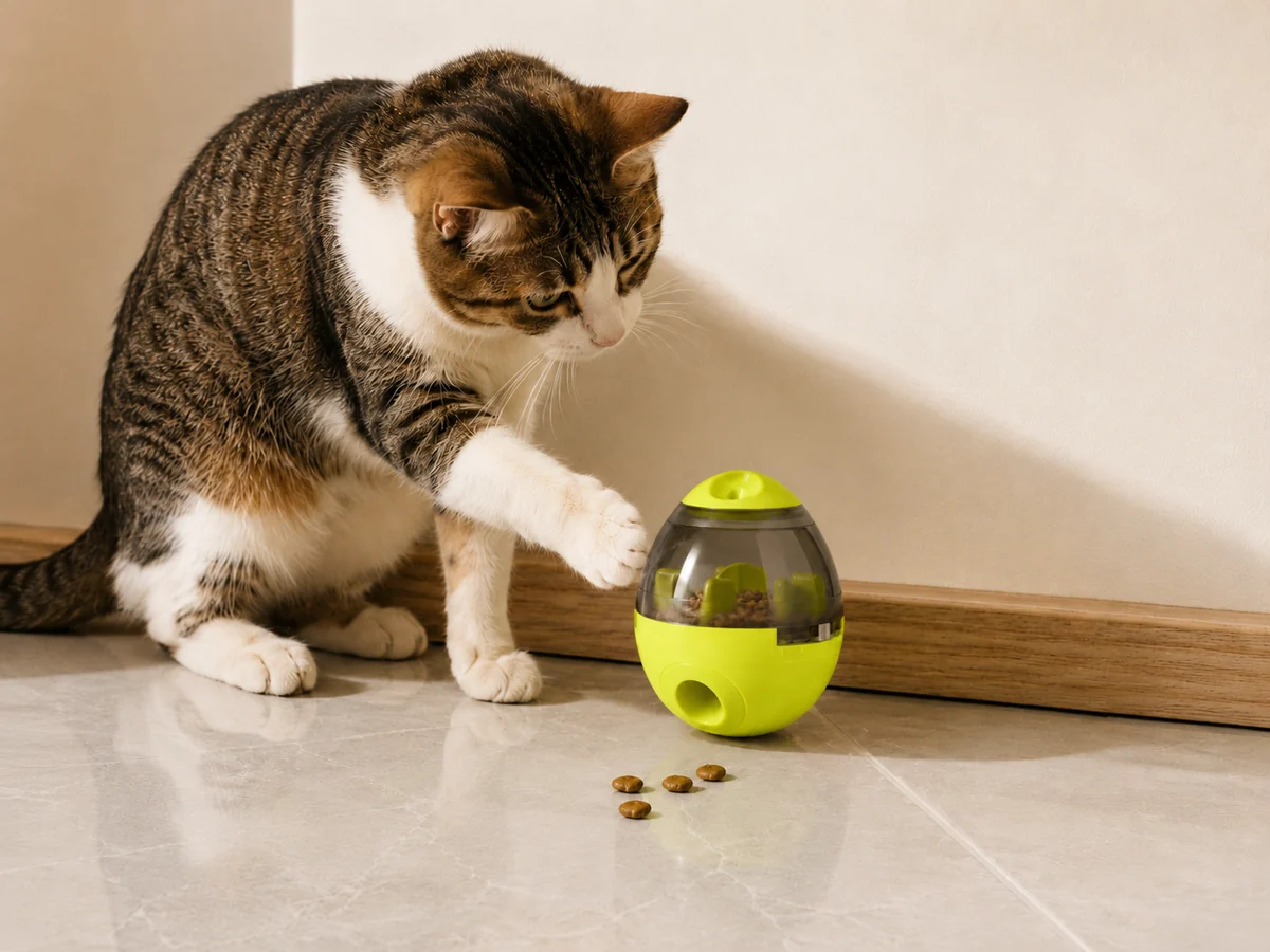 Gato jugando con un dispensador interactivo de premios