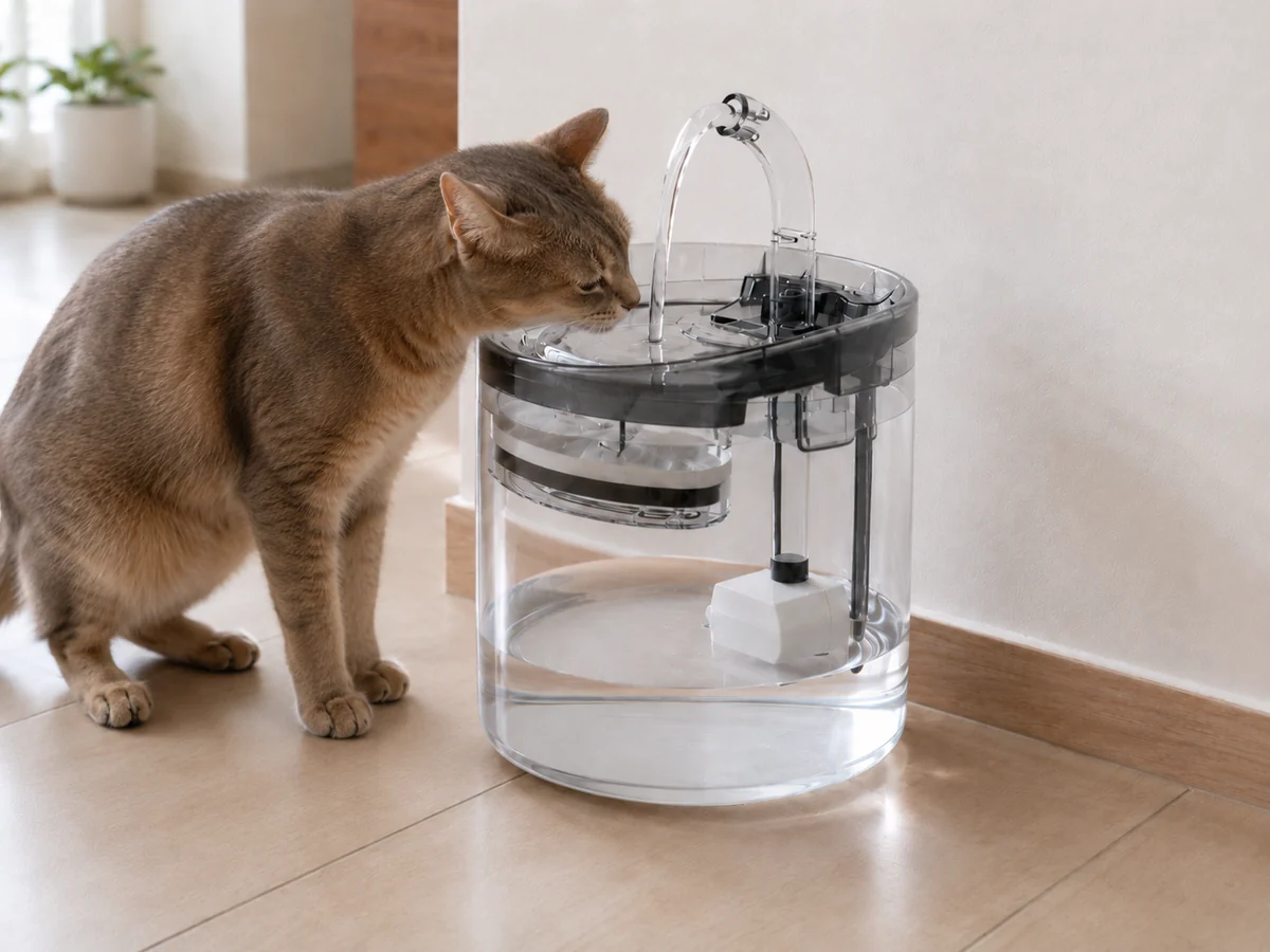 Gato tomando agua de una fuente automática