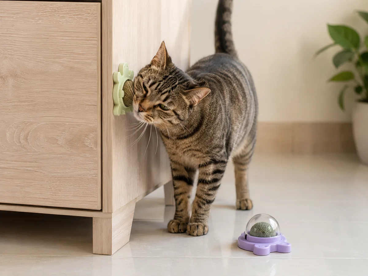 Gato usando un juguete anti estrés junto a un dispensador de catnip