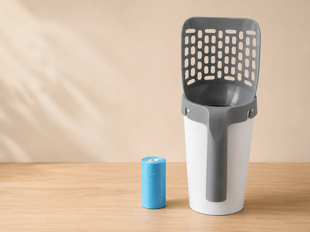 Pala sanitaria con depósito y rollo de bolsas