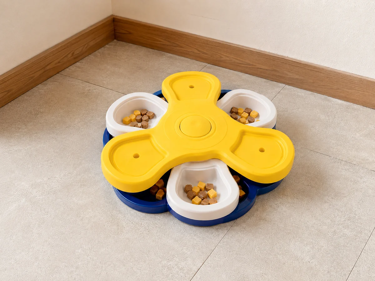 Plato interactivo amarillo de compartimentos para gato
