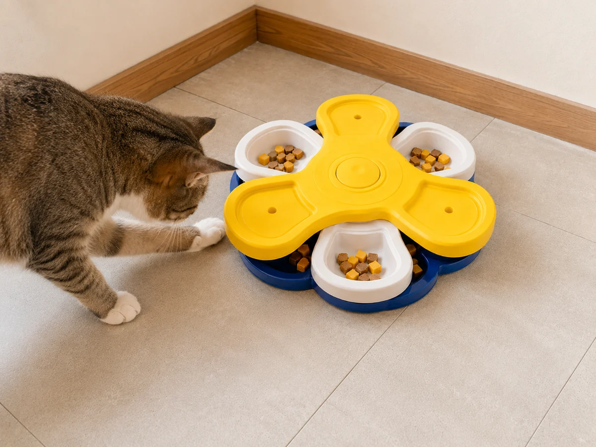 Gato usando un plato interactivo de compartimentos