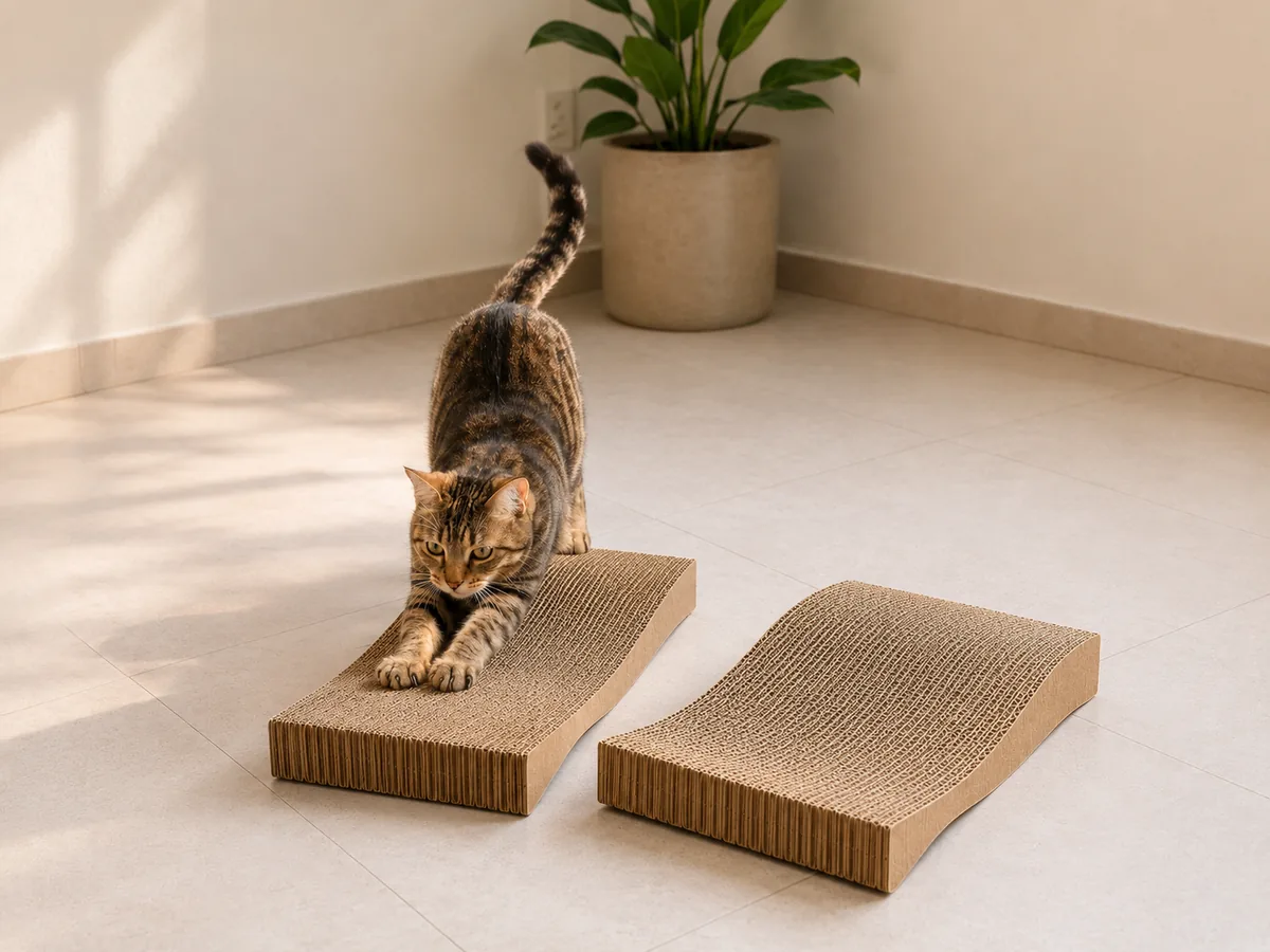 Dos rascadores de cartón para gato en una sala